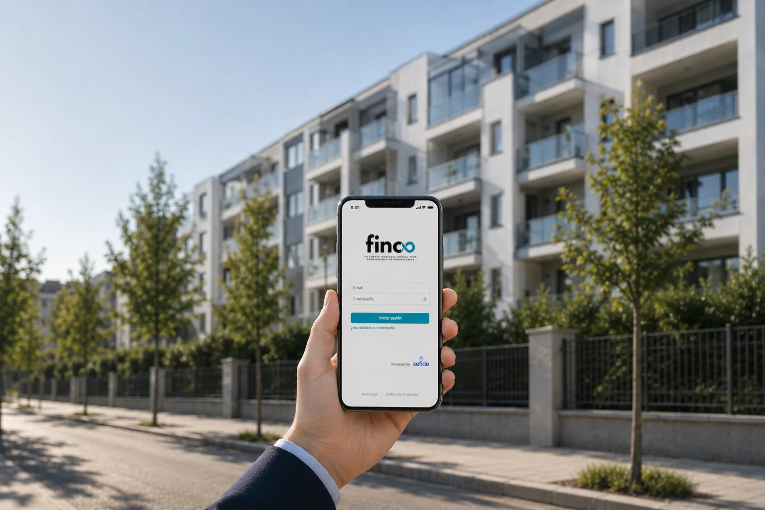 Una mano sostiene un móvil con la pantalla de acceso a Finc, delante de un edificio de viviendas